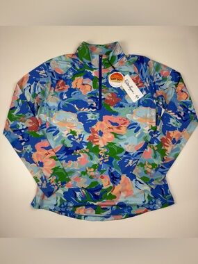 Walter Hagen Womens Performance 11 UV Suncover 1/4 Zip Floral Blue Gouache L NWT
